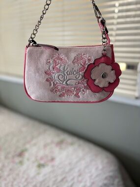 Juicy Couture Light Pink Suede Floral Appliqué Wristlet with Hot Pink Trim